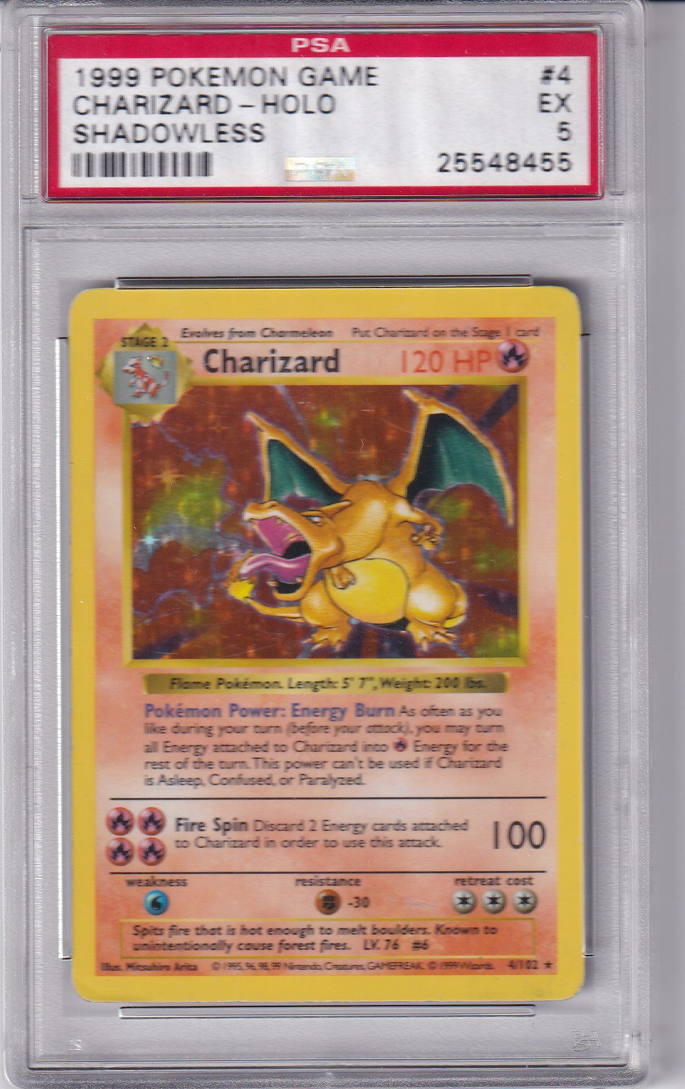 1999 Charizard Holo Base Set Shadowless 4/102 Pokemon Card PSA 5