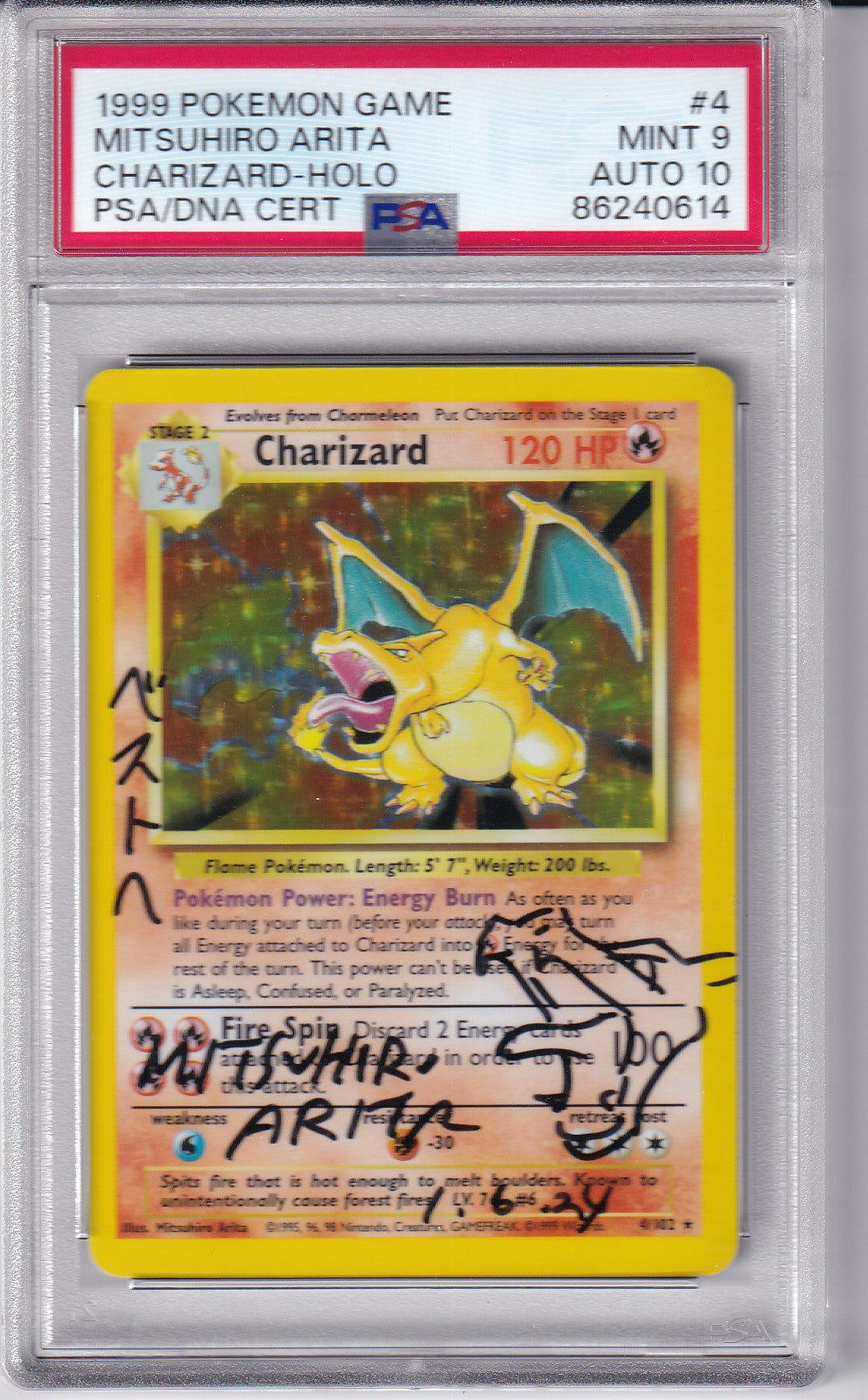 1999 Charizard Holo Base Set Signed by MITSUHIRO ARITO 4/102 Pokemon Card PSA 9 Auto 10