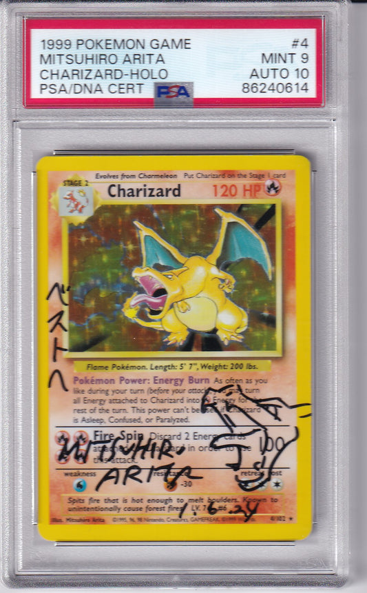 1999 Charizard Holo Base Set Signed by MITSUHIRO ARITO 4/102 Pokemon Card PSA 9 Auto 10