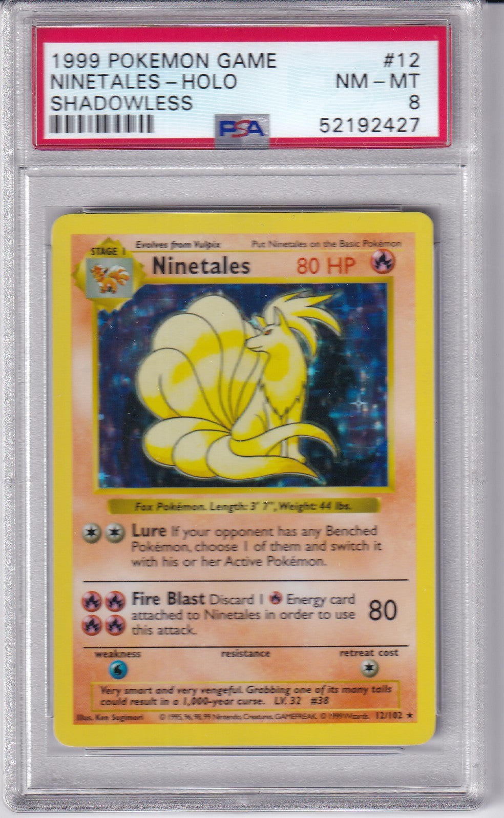 1999 NINETALES SHADOWLESS Holo Base Set 12/102 Pokemon Card PSA 8
