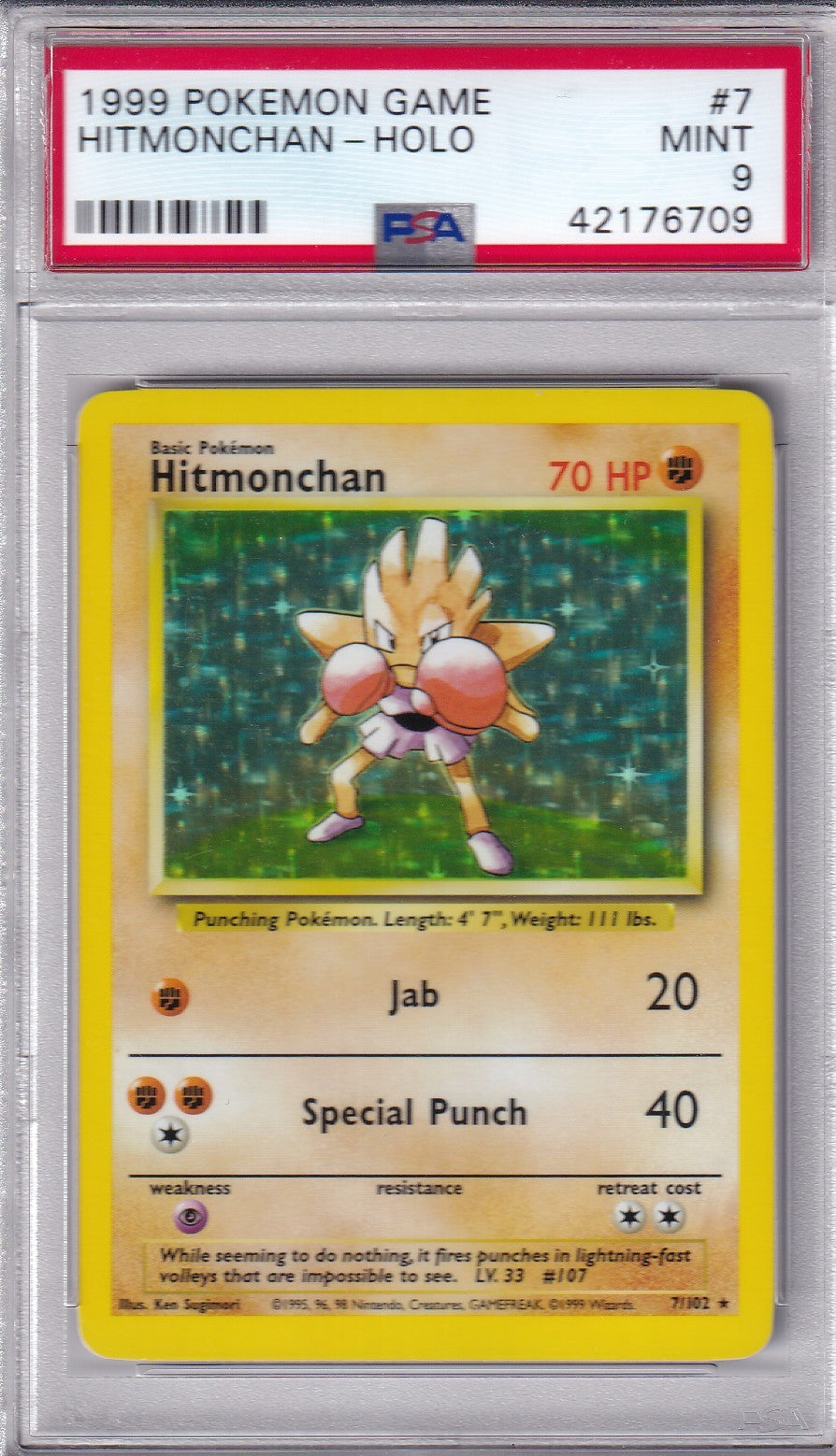 1999 HITMONCHAN Holo Base Set 7/102 Pokemon Card PSA 9