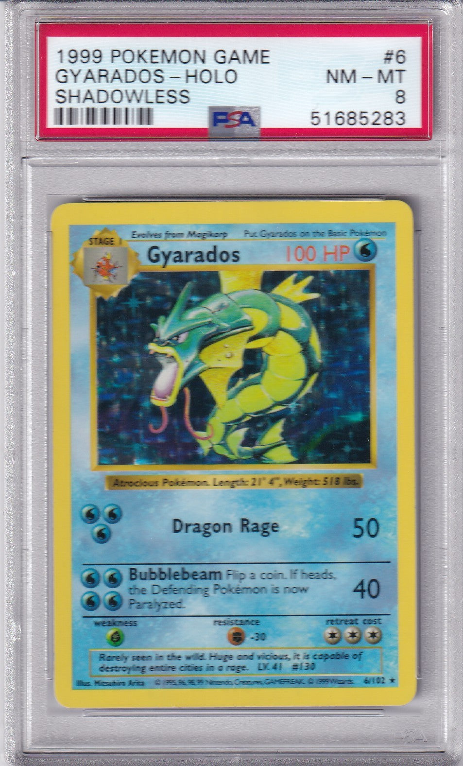 1999 GYARADOS SHADOWLESS Holo Base Set  6/102 Pokemon Card PSA 8