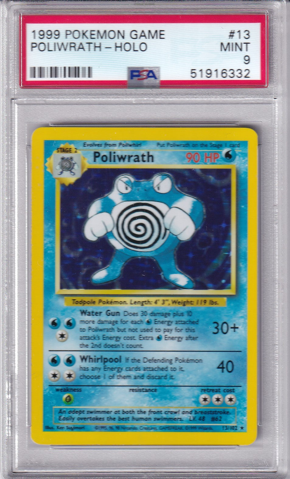 1999 POLIWRATH Holo Base Set 13/102 Pokemon Card PSA 9