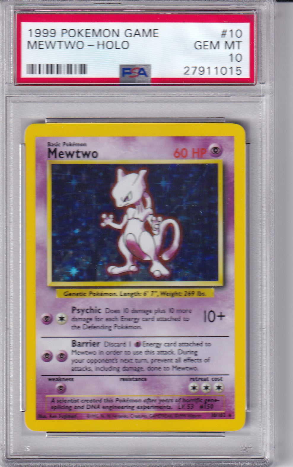 1999 MEWTWO Holo Base Set 10/102 Pokemon Card PSA 10