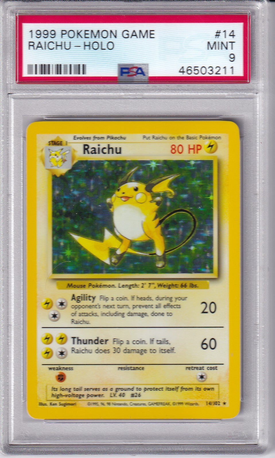 1999 RAICHU Holo Base Set 14/102 Pokemon Card PSA 9