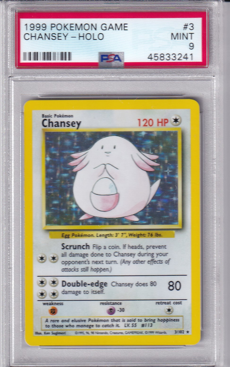 1999 CHANSEY Holo Base Set 3/102 Pokemon Card PSA 9
