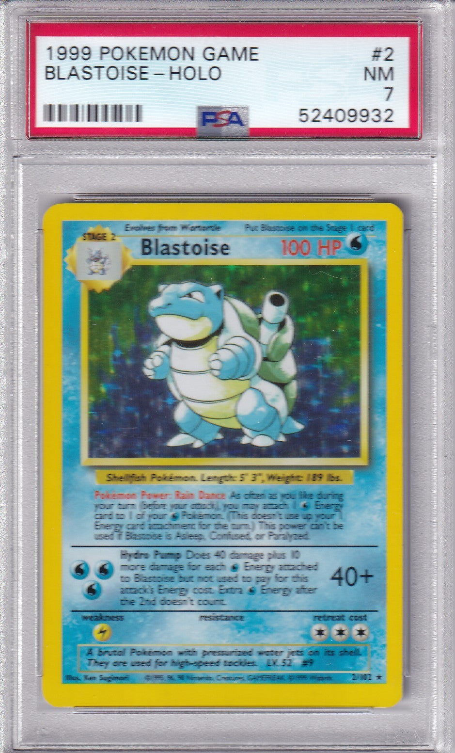 1999 BLASTOISE Holo Base Set  2/102 Pokemon Card PSA 7
