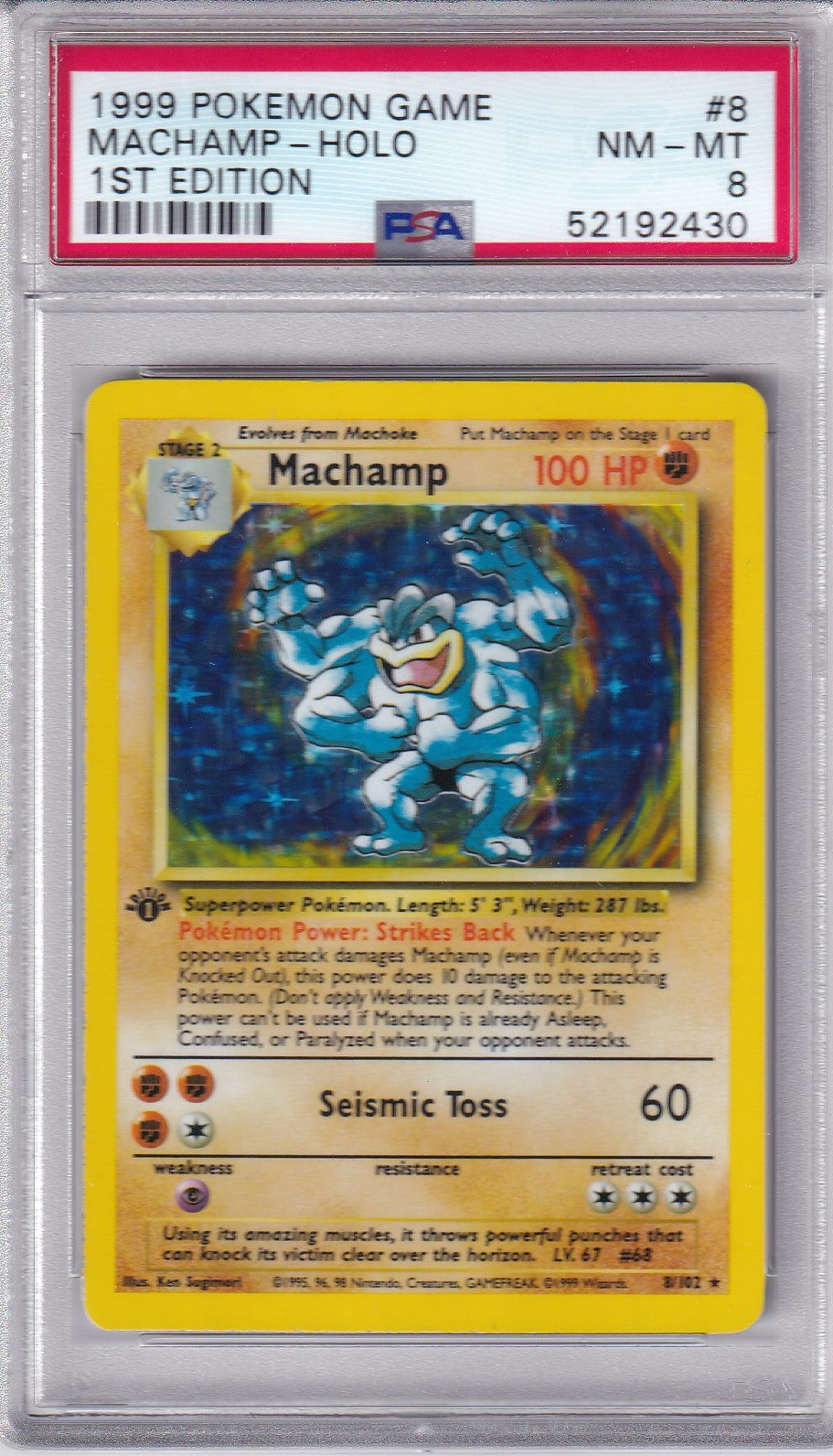 1999 MACHAMP 1st Holo Base Set 8/102 Pokemon Card PSA 9