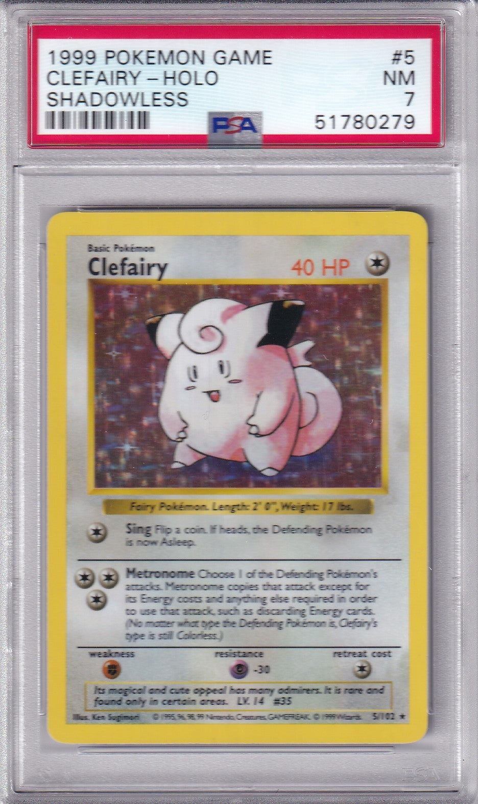 1999 CLEFAIRY SHADOWLESS Holo Base Set 5/102 Pokemon Card PSA 7