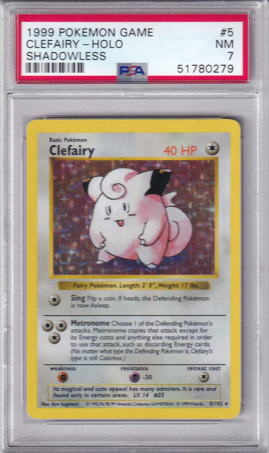 1999 CLEFAIRY SHADOWLESS Holo Base Set 5/102 Pokemon Card PSA 7