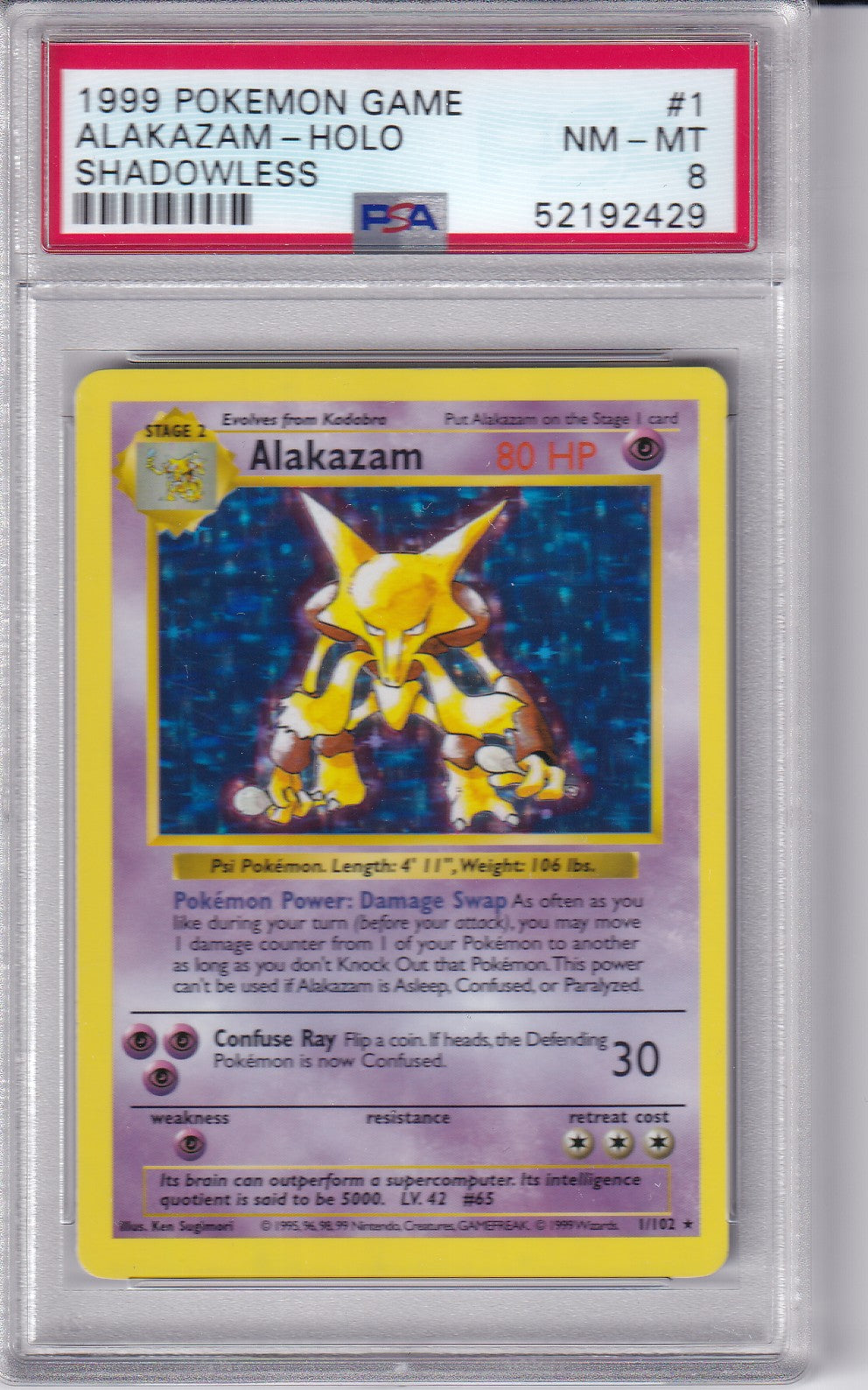 1999 ALAKAZAM SHADOWLESS Holo Base Set  1/102 Pokemon Card PSA 8