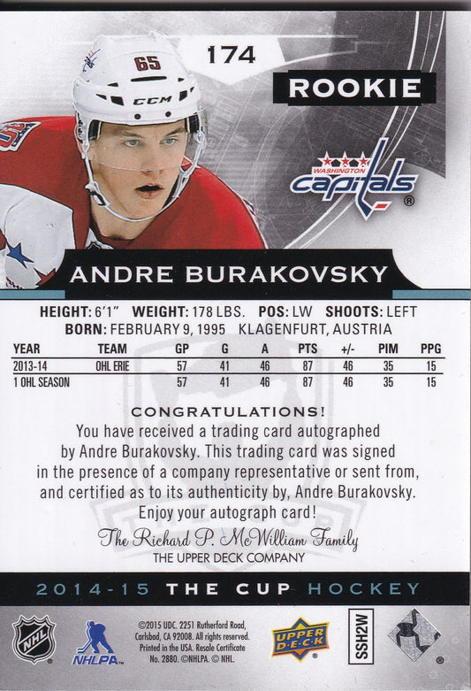 ANDRE BURAKOVSKY - 2014-15 UD The Cup Rookie Auto Card 24/25 RC Washington Capitals