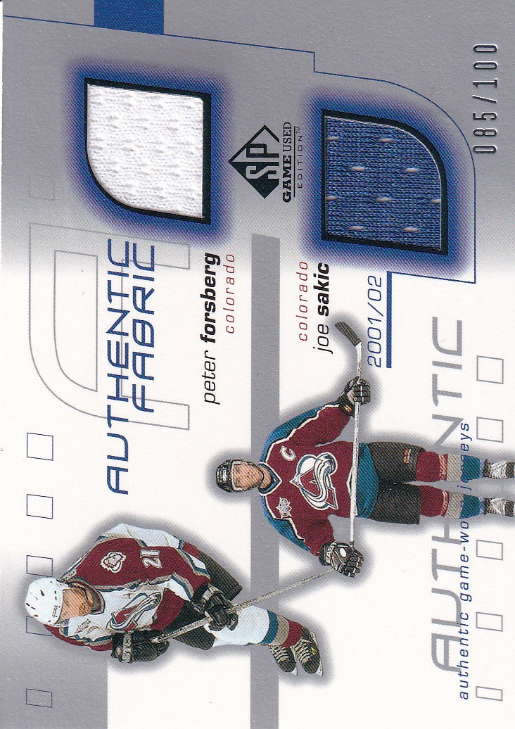 Joe Sakic & Peter Forsberg 2001-02 SP Game Used Authentic Fabric Dual 085/100 Colorado Avalanche
