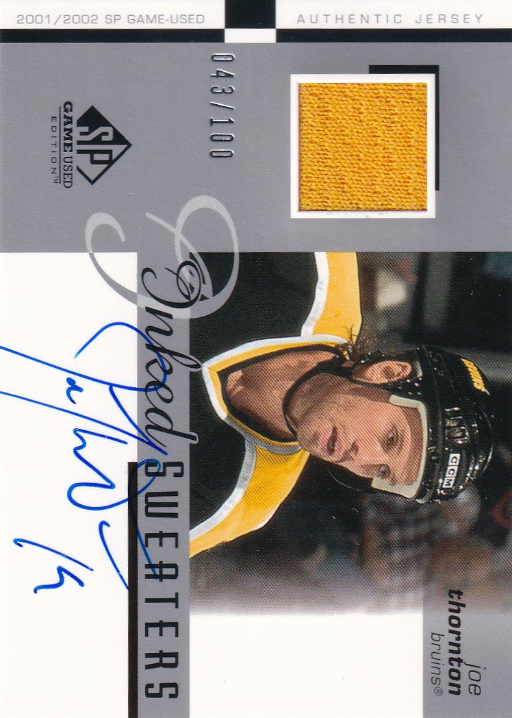 JOE THORNTON 2002-03 SP Game Used Inked Sweaters Jersey Card 43/100 Boston Bruins