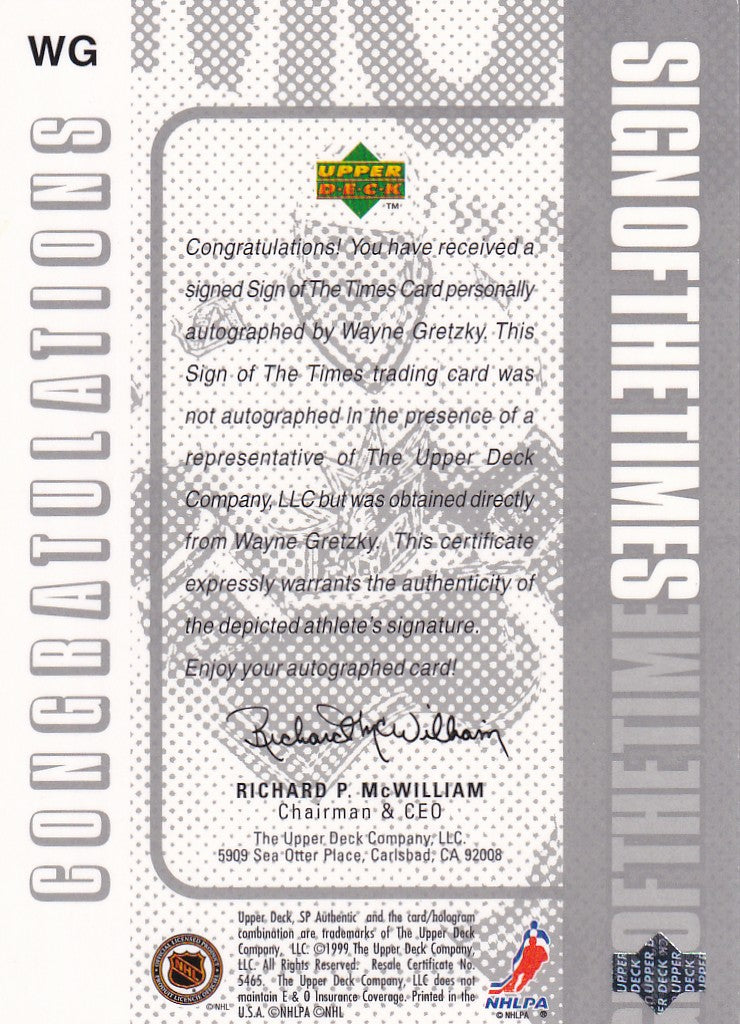 WAYNE GRETZKY 1998-99 SP Authentic Sign of the Times Autographed Card WG Auto