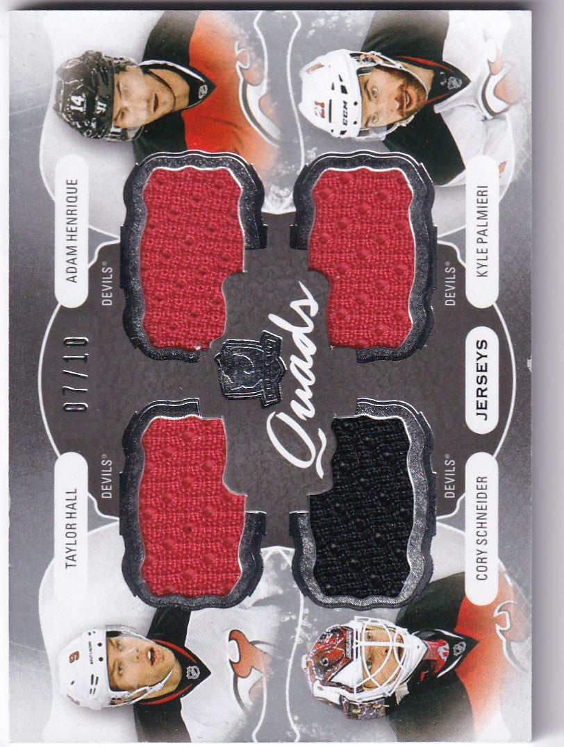 Taylor Hall / Adam Henrique / Cory Schnieder / Kyle Palmieri 2016-17 UD The Cup Quad Jersey Card 07/10 New Jersey Devils C4-NJD