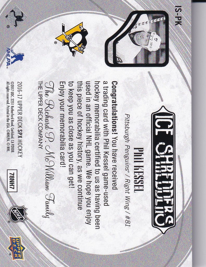 PHIL KESSEL 2015-16 SPX SHREDDERS Dual Patch Card /15 Pittsburgh Penguins IS-PK