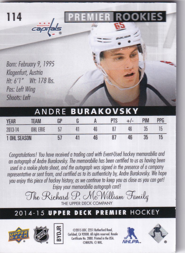 ANDRE BURAKOVSKY 2014-15 UD premier Rookie Auto Patch  Card Spectrum RPA 23/25 Washington Capitals 114 RC