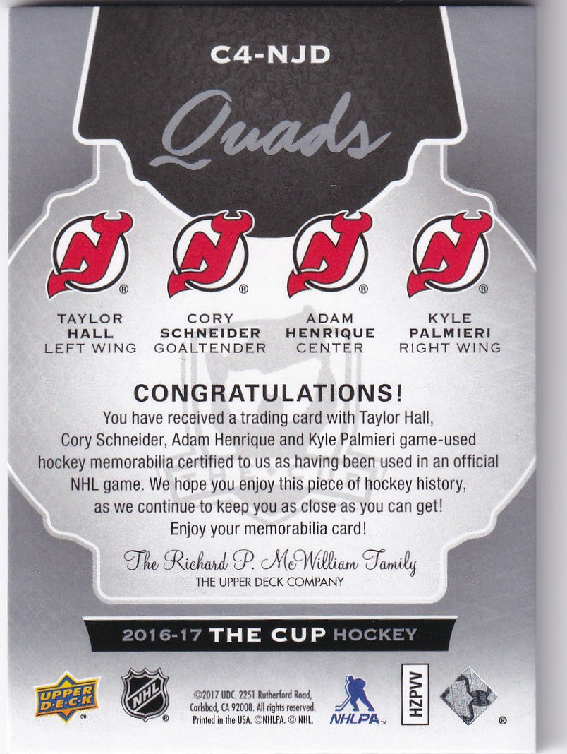 Taylor Hall / Adam Henrique / Cory Schnieder / Kyle Palmieri 2016-17 UD The Cup Quad Jersey Card 07/10 New Jersey Devils C4-NJD