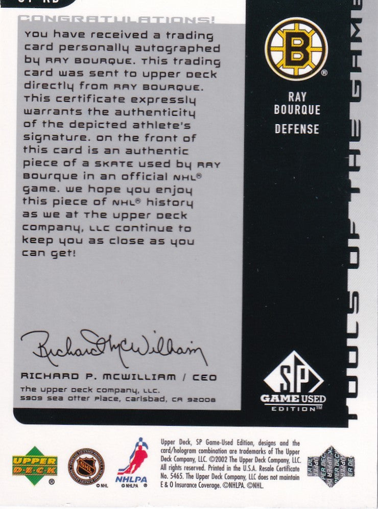 Ray Bourque 2001-02 SP Game Used Tools of the game autographed SKATE 48/100 ST-RB