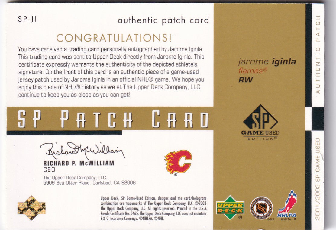 Jarome Iginla 2001-02 Upper Deck SP Game-Used Jersey PatchSP-JI Calgary Flames
