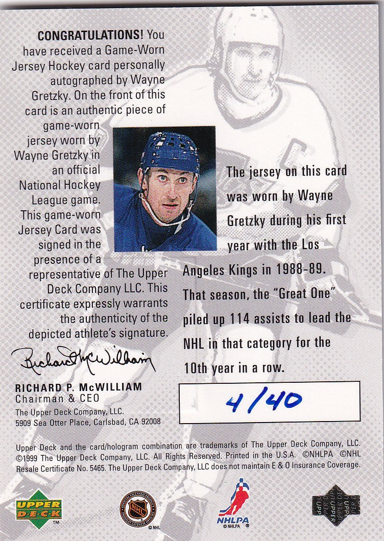 WAYNE GRETZKY 1999 Upper Deck UD Century Auto Game Jersey Card 4/40 New York Rangers Los Angeles Kings