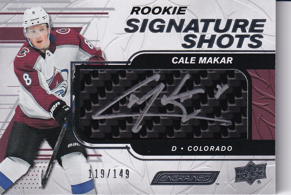 Cale Makar 2018-19 UD Engrained Rookie Signature Shots Card 118/149 Colorado Avalanche #RSS-CM