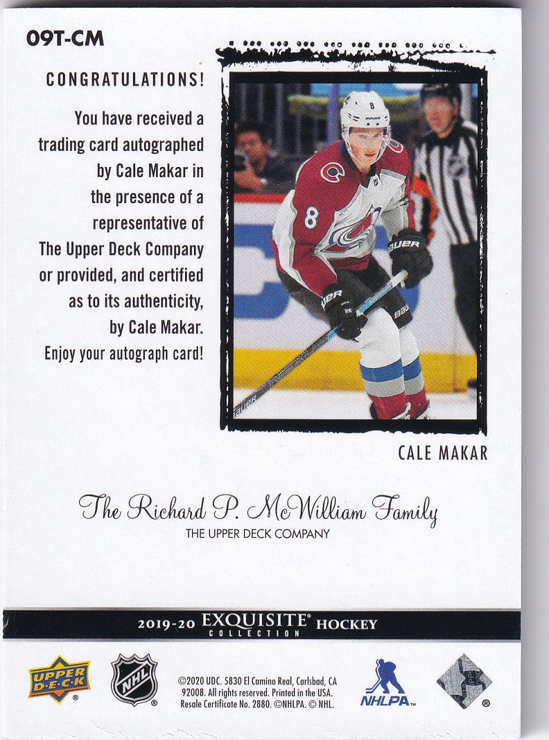 Cale Makar 2018-19 UD Exquisite Rookie Autograph Card Gold  05/25 Colorado Avalanche #09T-CM