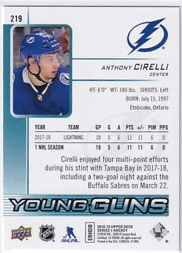 2018-19 Upper Deck Series One Anthony Cirelli Young Guns #219