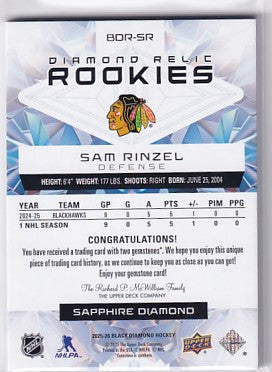 2025-26 Black Diamond Hockey Sam Rinzel Diamond Relic Rookies 4/9 BDR-SR