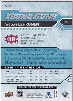 2016-17 Upper Deck Series One Artturi Lehkonen Young Guns #232