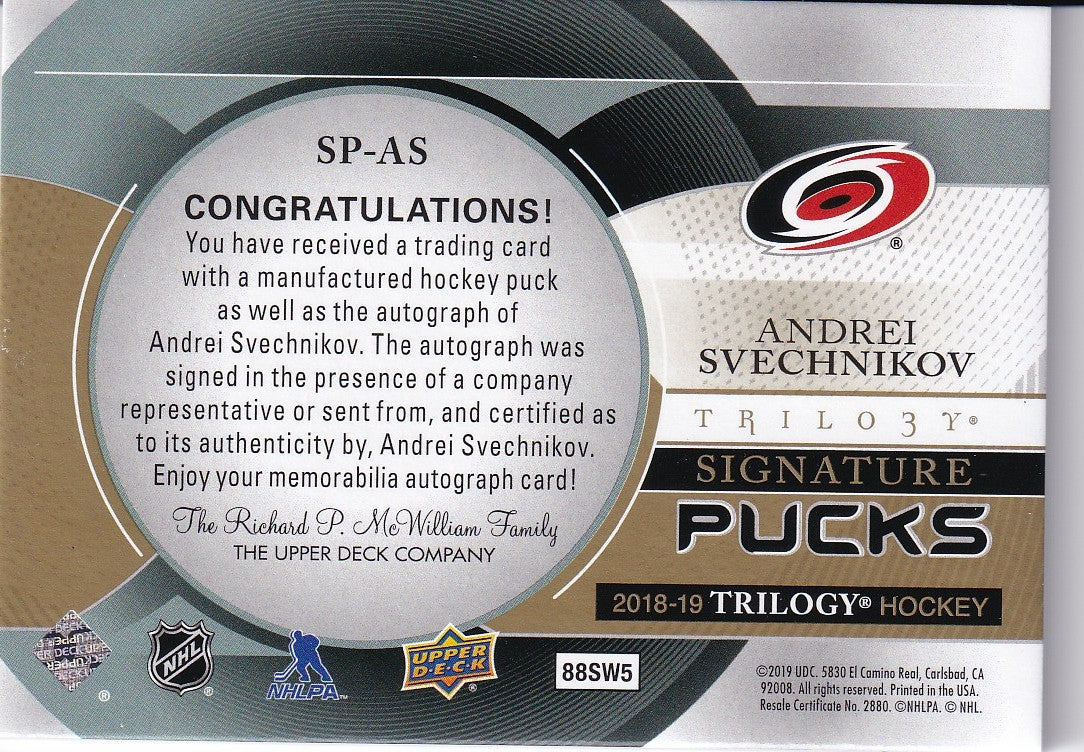 Andrei Svechnikov 2018-19 UD Trilogy Signature Pucks Rookie Auto Card - Carolina Hurricanes - Upper Deck RC