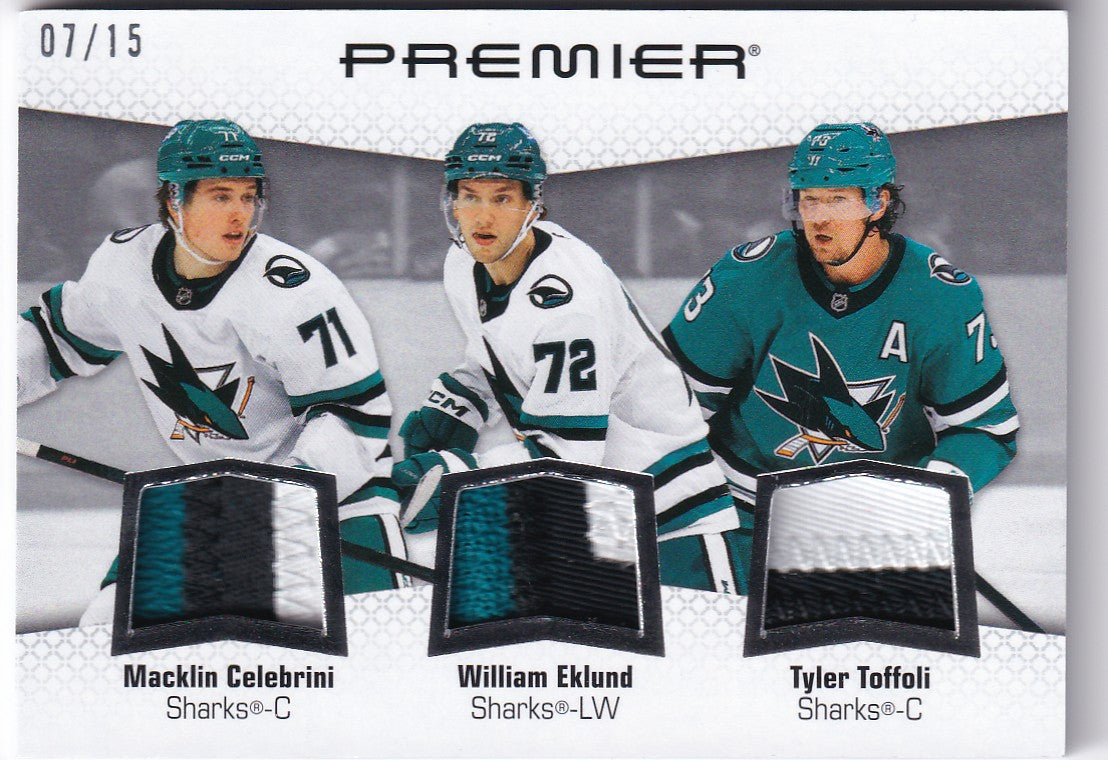 Macklin Celebrini  / William Eklund / Tyler Toffoli 2025-26 UD Premier Premier Triple Patch 07/15 San Jose Sharks  PT-CET