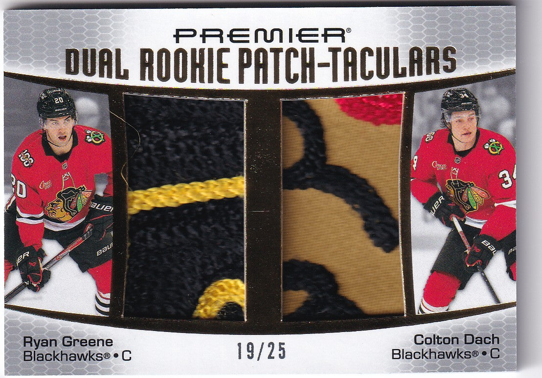 Ryan Greene / Colton Dach 2025-26 UD Premier Dual Rookie Patch-taculars 19/25 Chicago Blackhawks  RC DRPT-DG