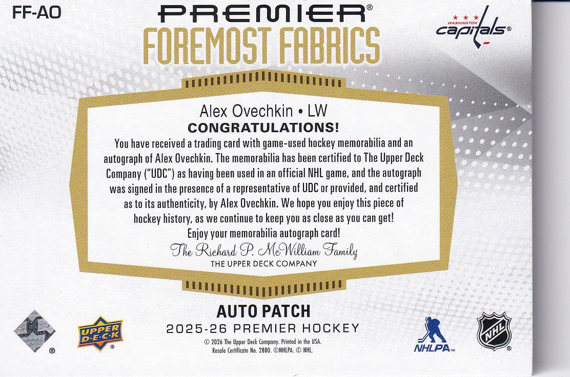 Alexander Ovechkin 2025-26 UD Premier Premier Foremost Fabrics Auto Patch 4/10 Washington Capitals FF-AO