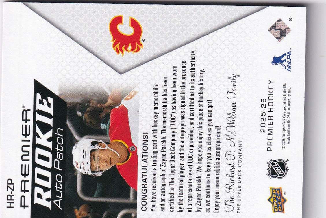 Zayne Parekh 2025-26 UD Premier Premier Rookie Auto Patch  64/99 Calgary Flames RC #HR-ZP