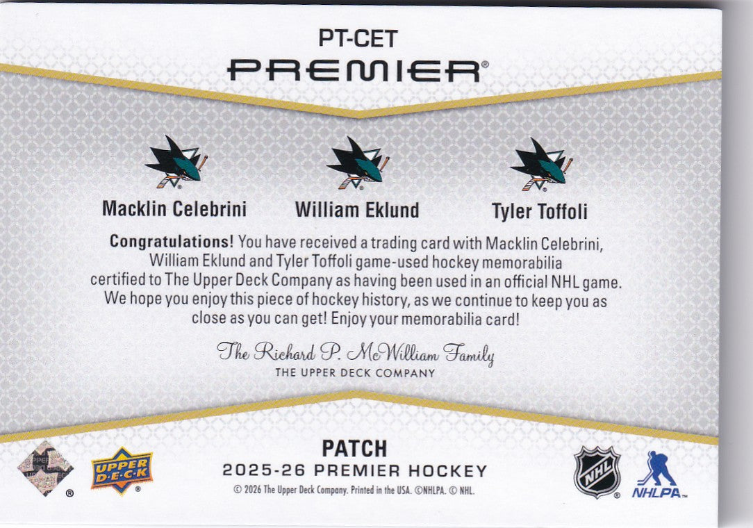 Macklin Celebrini  / William Eklund / Tyler Toffoli 2025-26 UD Premier Premier Triple Patch 07/15 San Jose Sharks  PT-CET