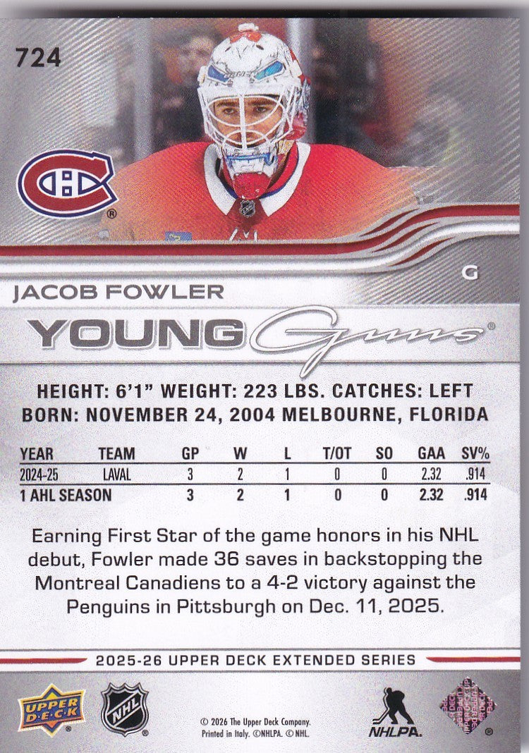 Jacob Fowler 2025-26 Upper Deck Young Guns Rookie Card #724 Montreal Canadiens