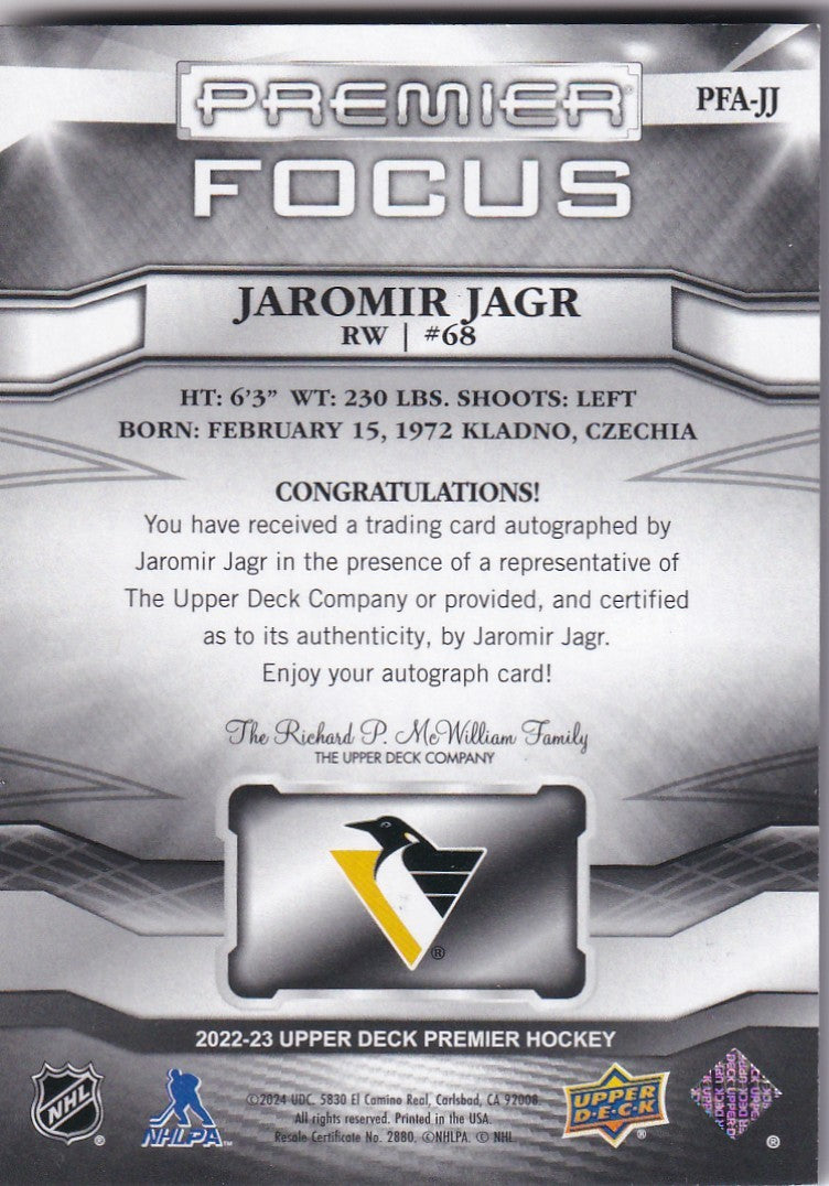 Jaromir Jagr 2025-26 UD Premier (2022-23 Update) Premier Focus Auto Autograph 09/25 Pittsburgh Penguins PFA-JJ