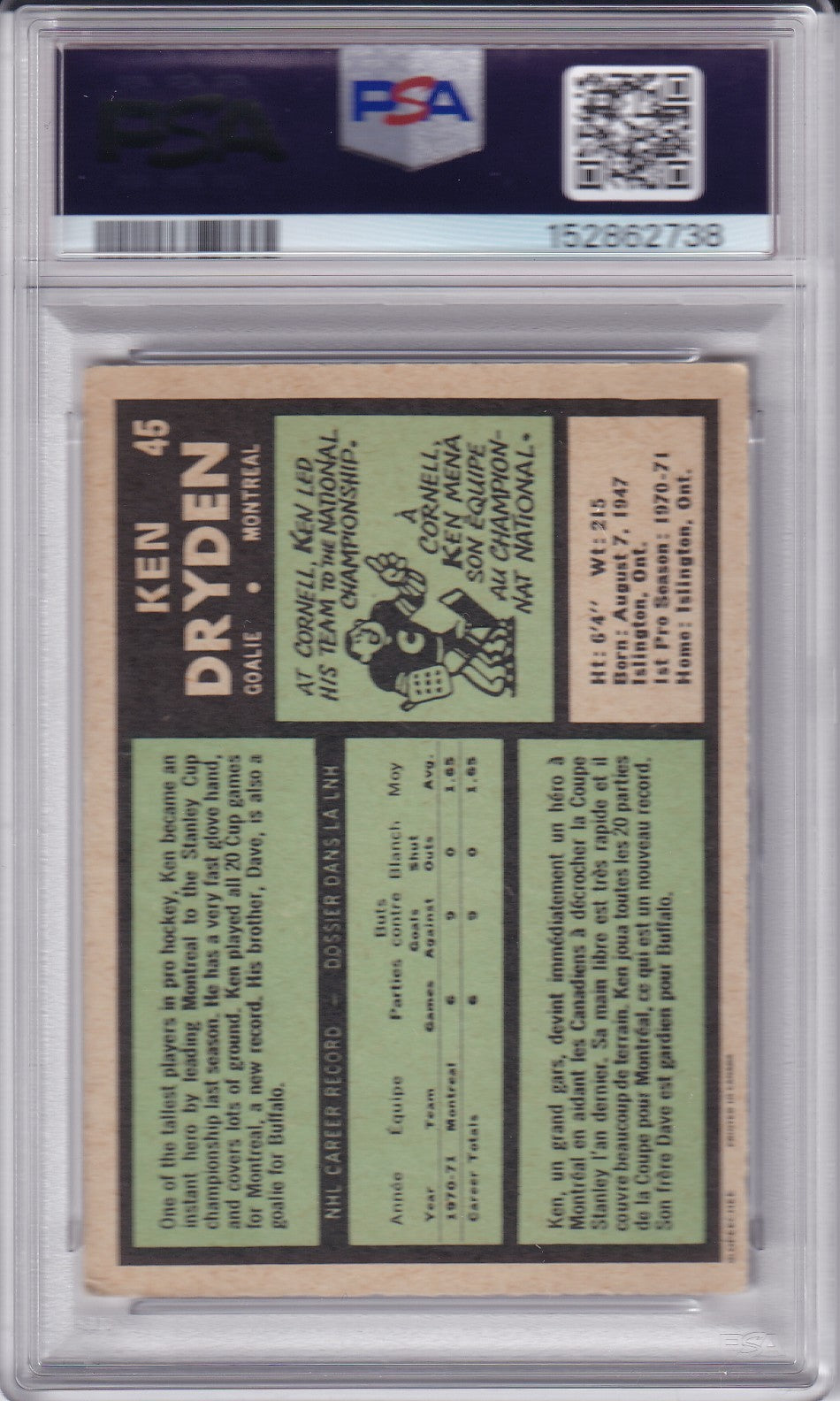 Ken Dryden 1971-72 O-Pee-Chee Rookie Card #45 OPC RC PSA 3 VG #2