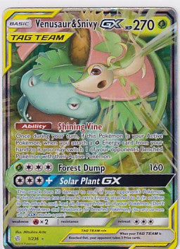 Venusaur & Snivy GX 1/236 Tag Team Pokemon Sun & Moon Cosmic Eclipse