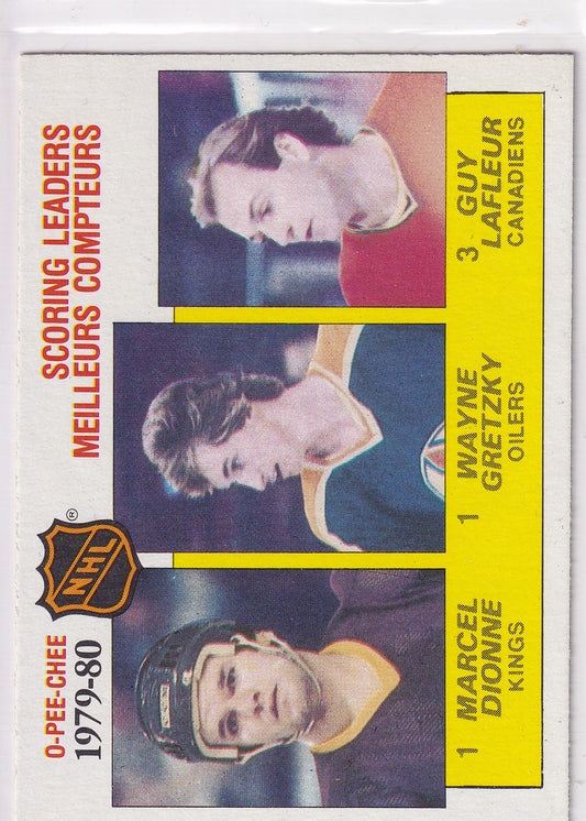 1980-81 O-Pee-Chee Marcel Dionne Wayne Gretzky Guy Lafleur Scoring Leaders #163