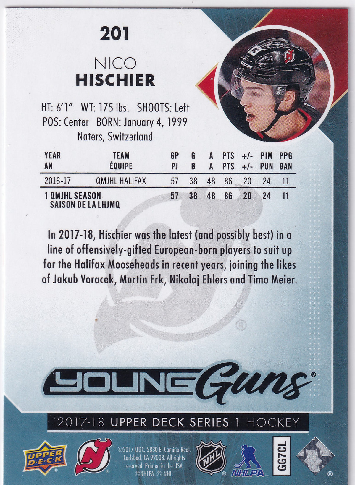2017-18 Upper Deck Series One Nico Hischier Young Guns #201