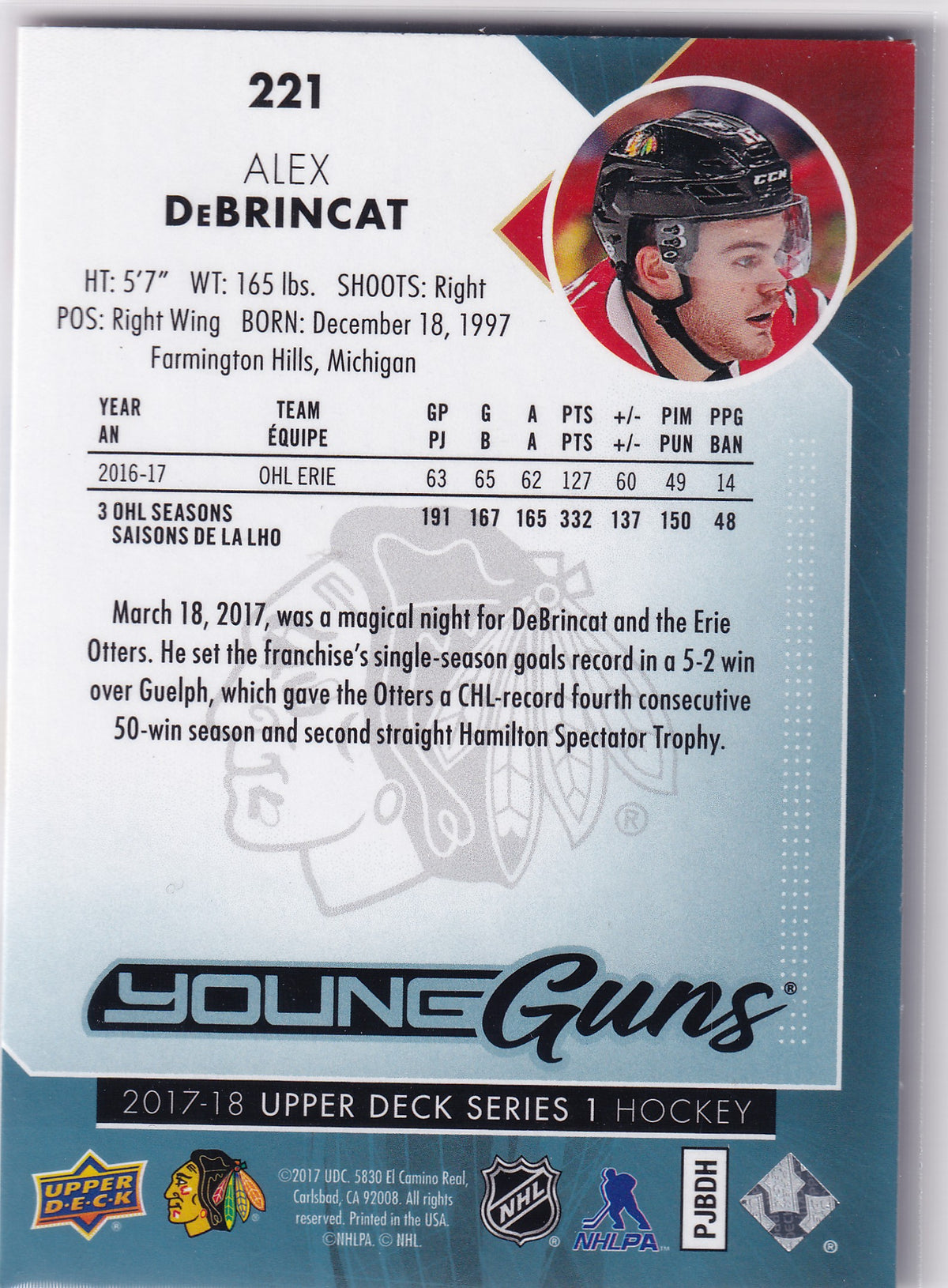 2017-18 Upper Deck Series One Alex DeBrincat Young Guns #221