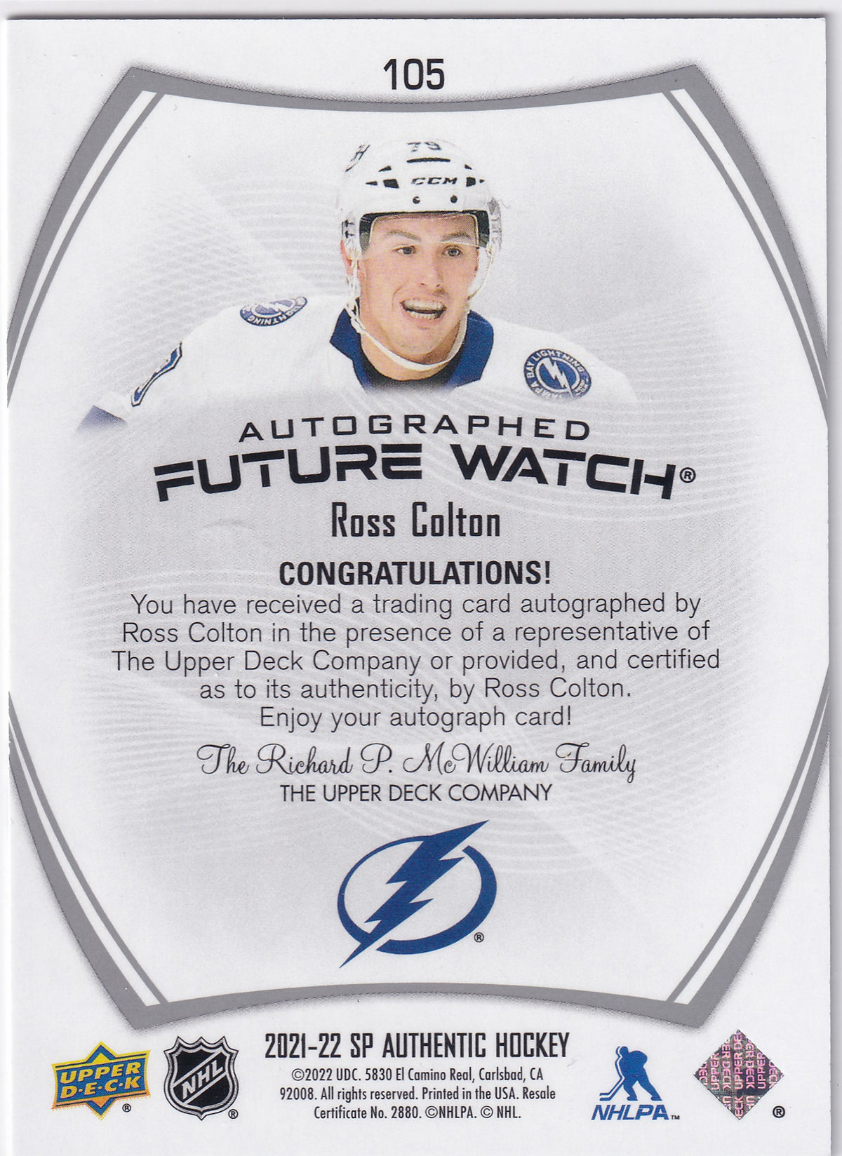 2021-22 SP Authentic Ross Colton Autographed Future Watch Auto 645/999