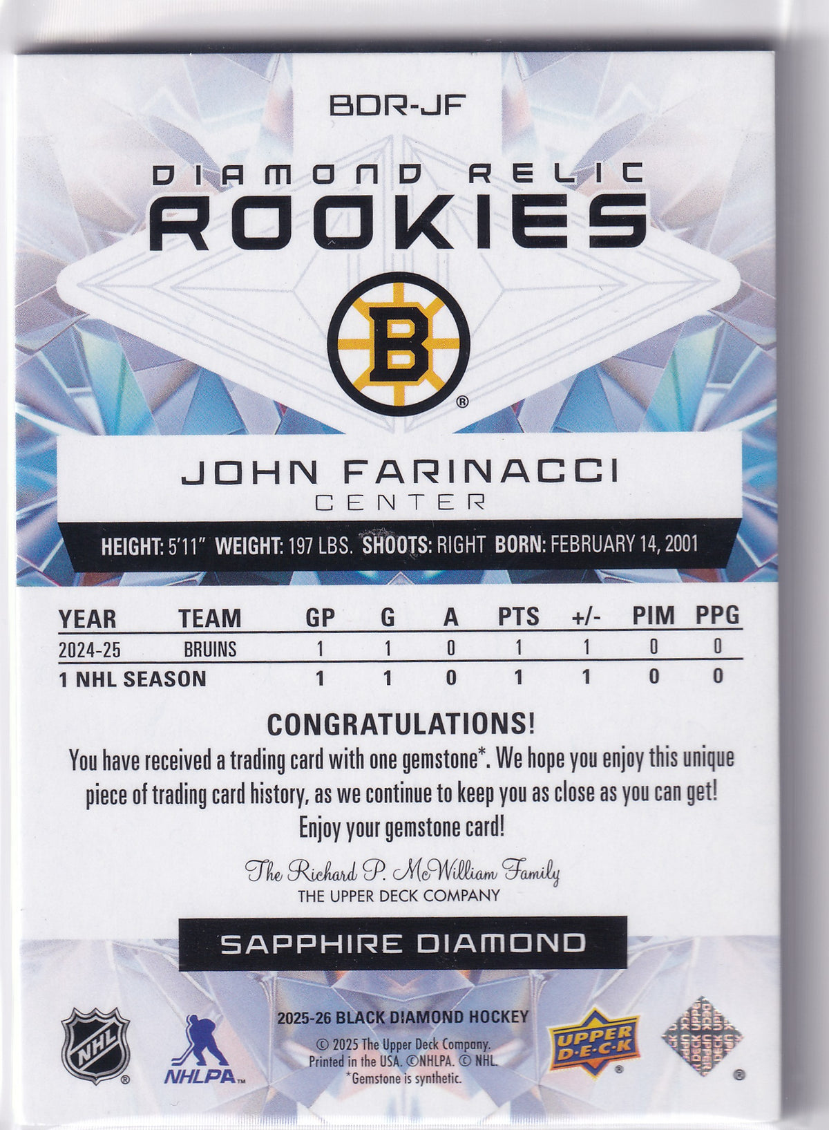 2025-26 Black Diamond Hockey John Farinacci Diamond Relic Rookies 7/9 BDR-JF