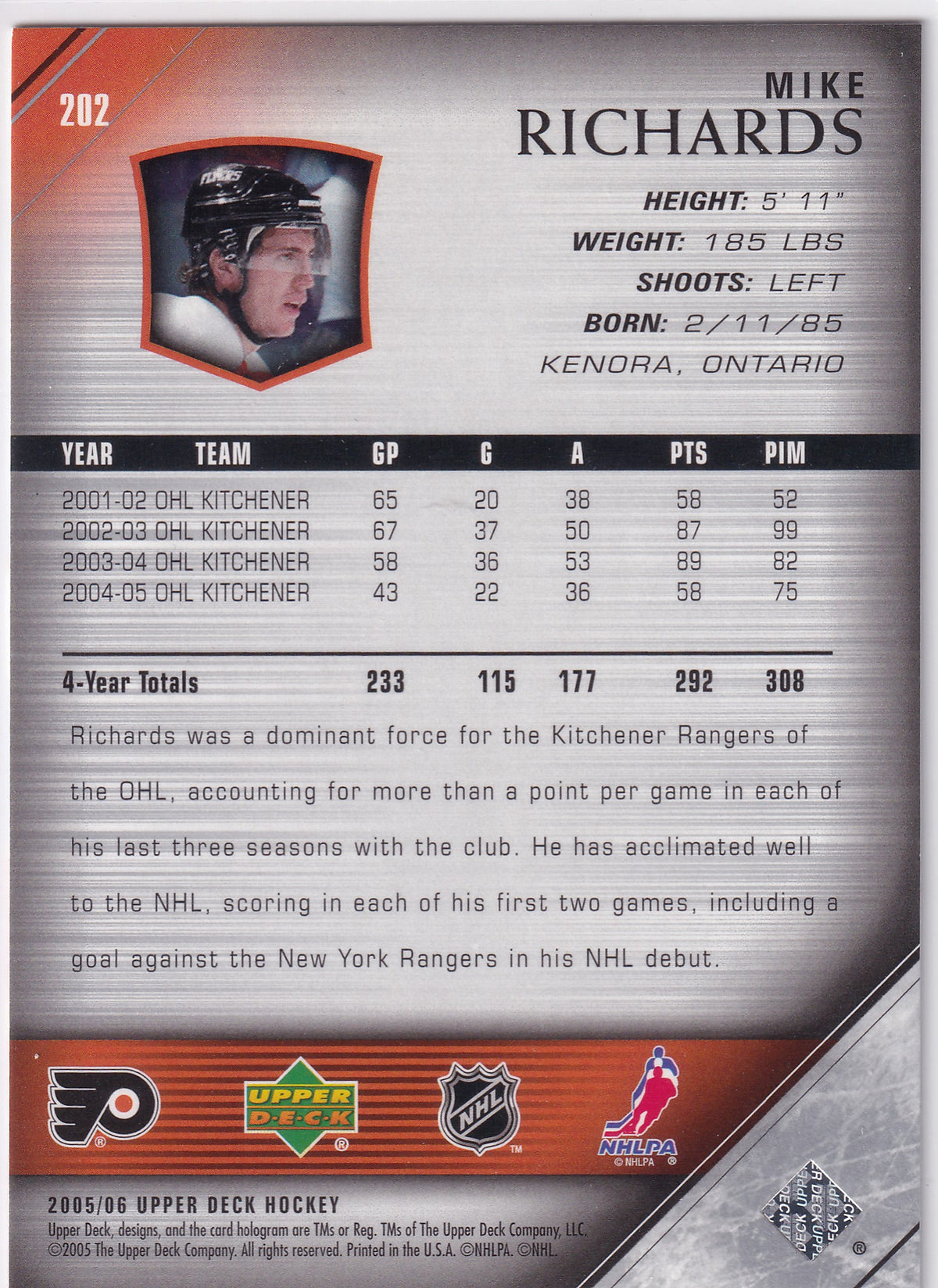 2005-06 Upper Deck Mike Richards Young Guns #202
