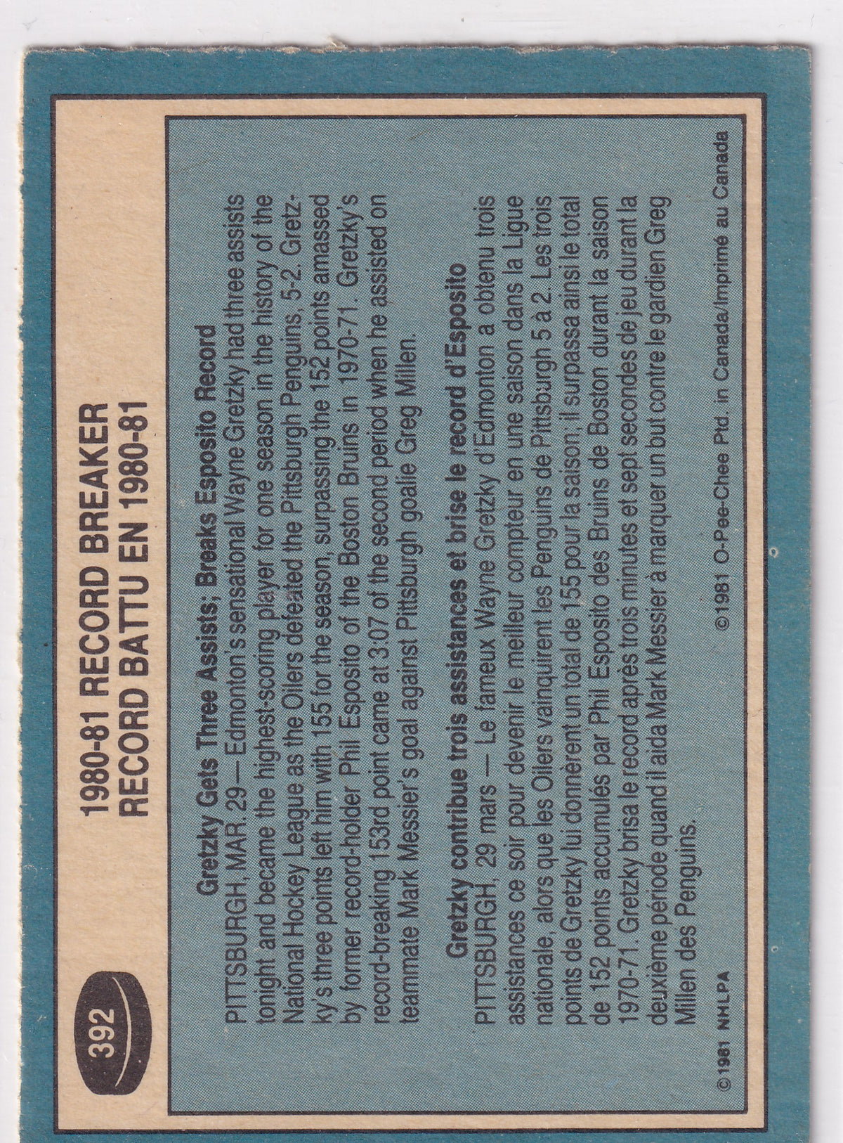 1981-82 O-Pee-Chee Wayne Gretzky Record Breaker #392