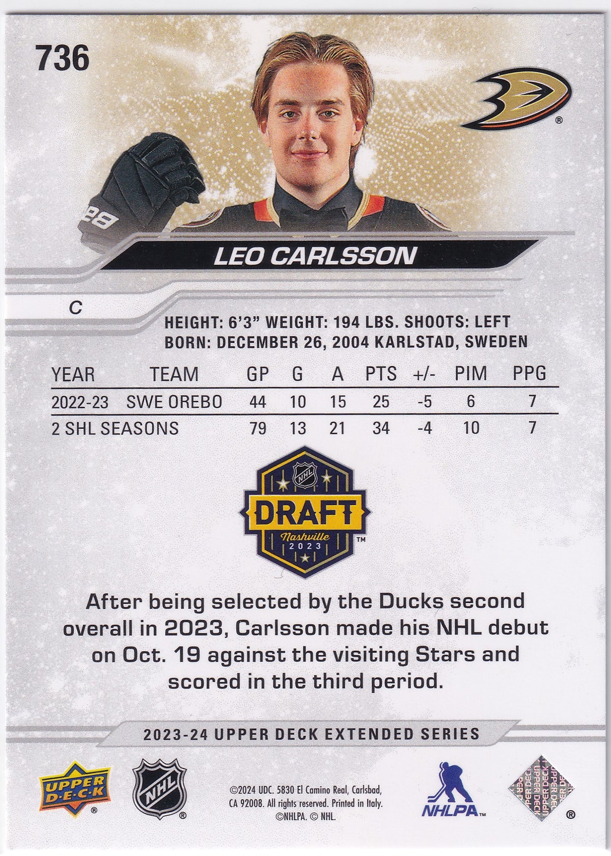 2023-24 Upper Deck Extended Series Leo Carlsson First Round Draft #736