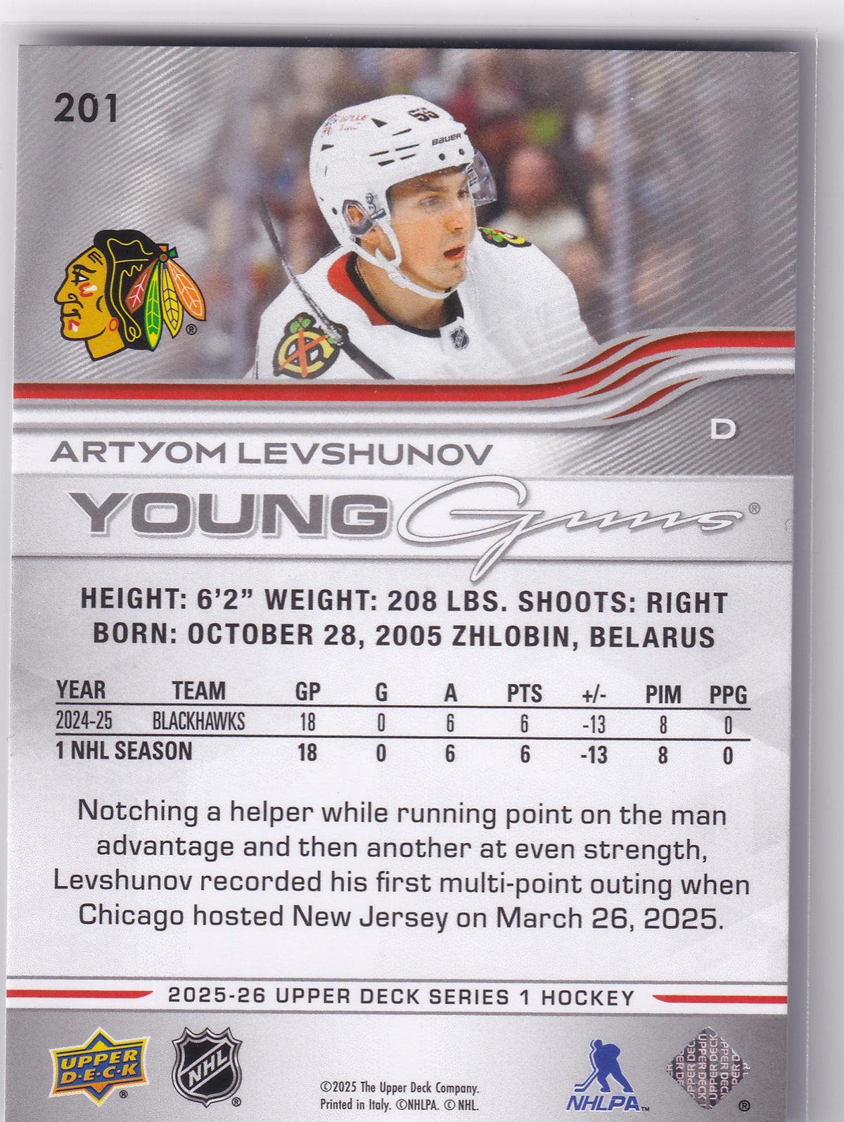 2025-26 Upper Deck Series One Artyom Levshunov Young Guns #201